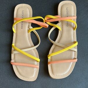 Lucky Brand Women's Sandals with Yellow, Orange, and Tan Straps Size 9.5M